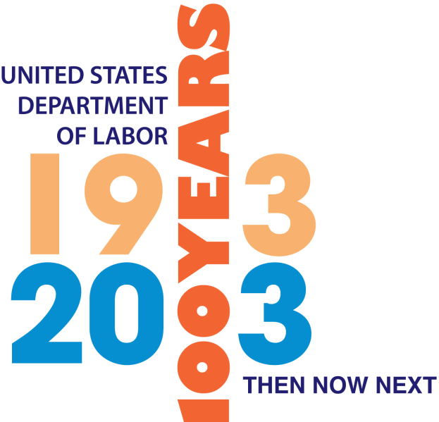 Das Logo des US-Arbeitsministeriums, ein blauer Kreis mit einem weißen Stern in der Mitte und einem weißen Rand, mit der schwarzen, fetten Schrift '1933 dann jetzt nächsten' darunter.