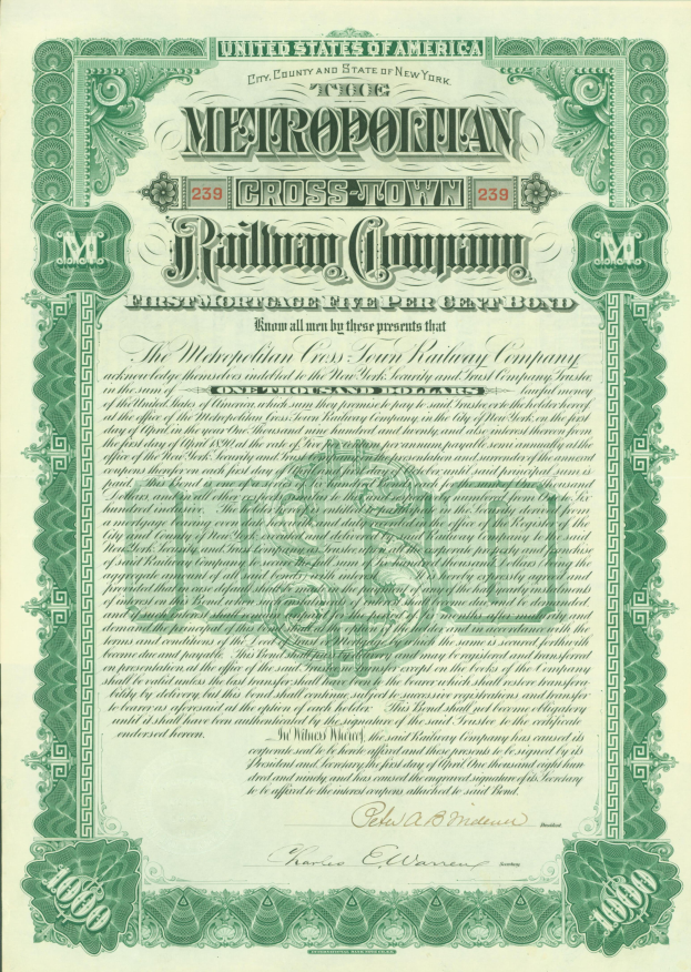 Ein altes Aktienzertifikat mit einem grünen Rand und einem dekorativen Rahmen, das den Text 'Metropolitan Cross-Town Railroad Company' anzeigt.