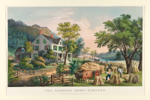 Ein Gemälde, das eine Farmszene mit einem Haus, Bäumen, Pflanzen, Gras, Tieren, einem Wagen, Menschen, einem Zaun, Wasser, Hügeln und einem bewölkten Himmel zeigt, mit dem Text "Die Ernte auf dem Bauernhof" unten.