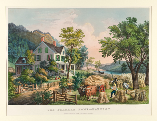 Ein Gemälde, das eine Farmszene mit einem Haus, Bäumen, Pflanzen, Gras, Tieren, einem Wagen, Menschen, einem Zaun, Wasser, Hügeln und einem bewölkten Himmel zeigt, mit dem Text "Die Ernte auf dem Bauernhof" unten.