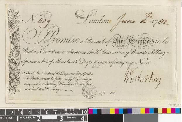 Altes Dokument mit schwarzer und weißer Handschrift, Text und einem Stempel, das Farbskalen und eine Belohnungsanzeige für die Enttarnung von Fälschern von Mardants Tropfen enthält.