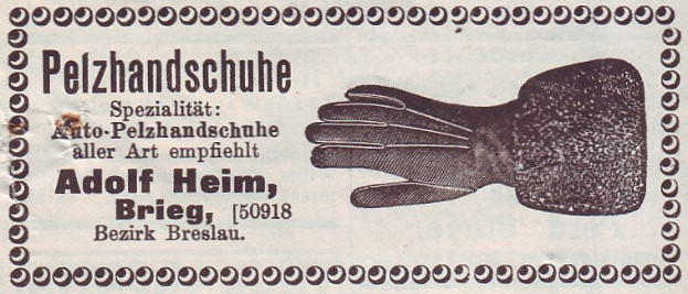 Eine alte deutsche Visitenkarte mit einem Bild von einem Paar Handschuhe und einem Text, der den Inhalt der Karte beschreibt.