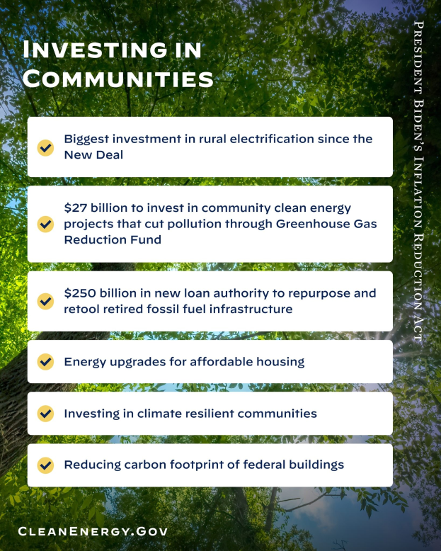 Plakat mit Bäumen und Himmel im Hintergrund, mit dem Text "Investing in Communities: Biggest Investment in Rural Electricity Since the New Deal".