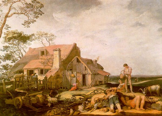 Ein Gemälde mit dem Titel "Die Farmersfrau" von Jan Brueghel dem Älteren zeigt eine Bauernszene mit einem Mann und einer Frau vor einem strohgedeckten Cottage, umgeben von Tieren, einem Karren, einem hölzernen Zaun, Bäumen und einem bewölkten Himmel.