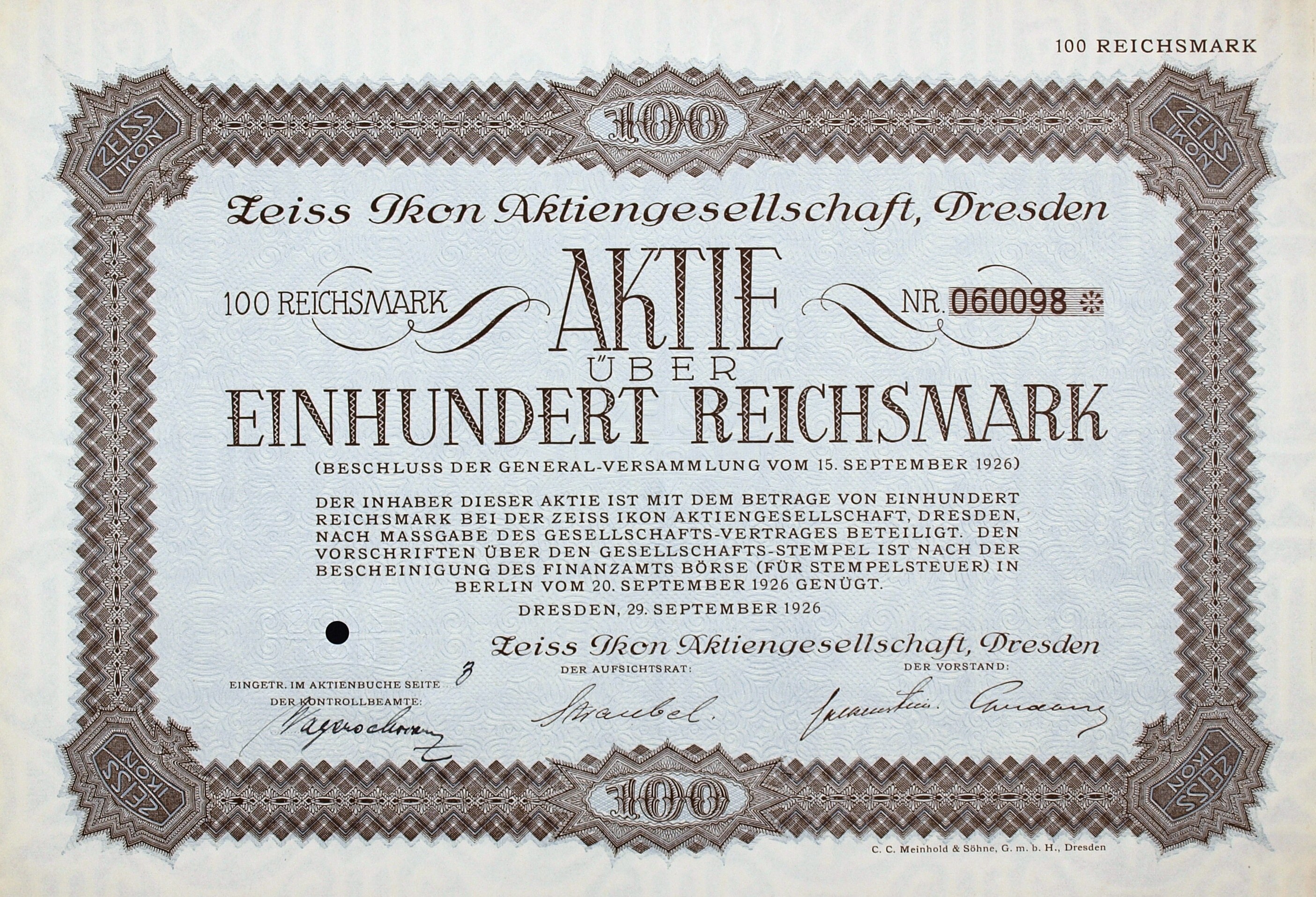 Altes deutsches Aktienzertifikat für 100 Reichmark mit schwarzem Rand und deutschem Text.