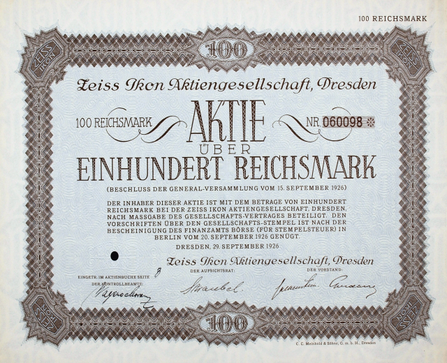 Altes deutsches Aktienzertifikat für 100 Reichmark mit schwarzem Rand und deutschem Text.