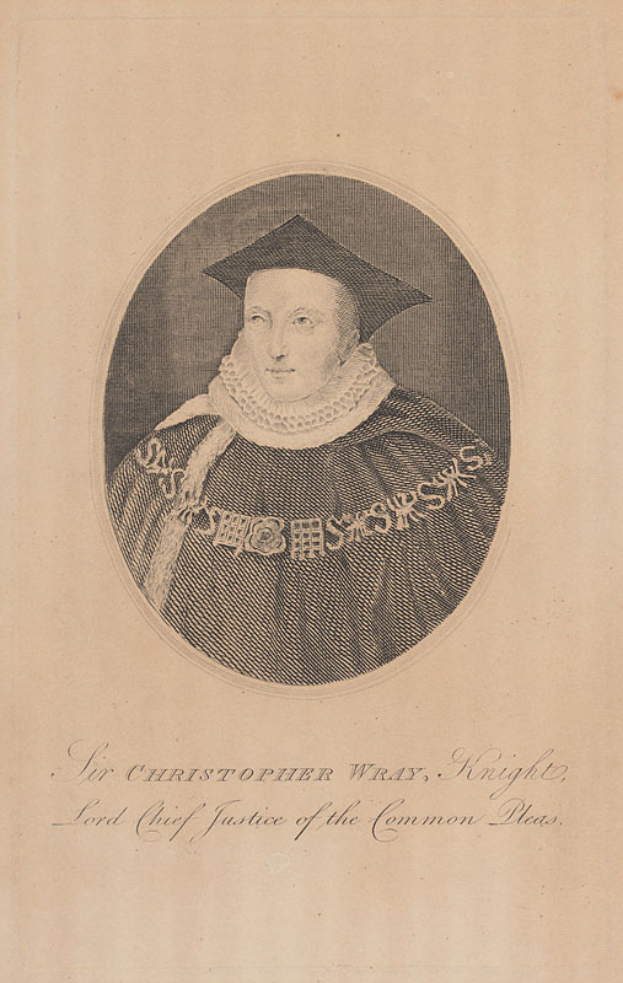 Porträt von Sir Christopher Wray, Knight, Lord Chief Justice of the Common Pleas, in schwarzer und weißer Robe und einem schwarzen Hut, mit Text am unteren Bildrand.