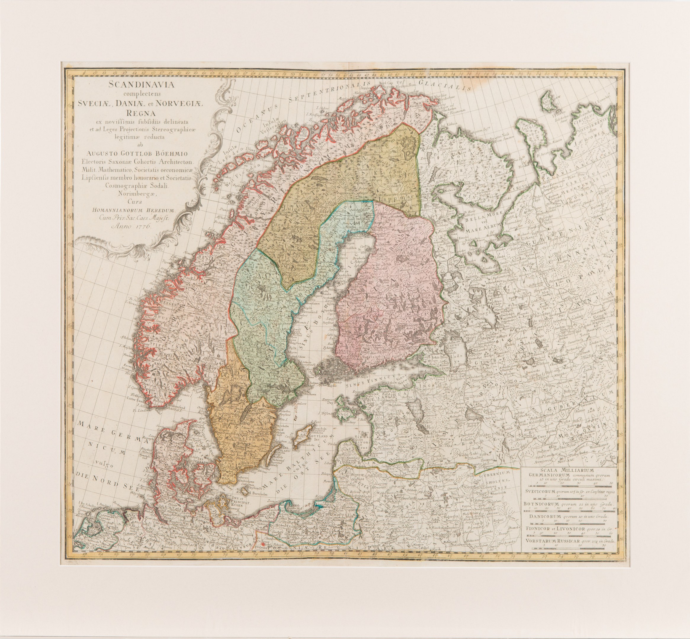 Klassisch gerahmte Landkarte von Skandinavien, die Schweden, Dänemark, Norwegen und ihre jeweiligen Provinzen hervorhebt.