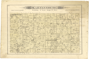 Ein detaillierter alter Stadtplan von Martinsburg, Pennsylvania, der Straßen, Parks und Sehenswürdigkeiten mit Textanmerkungen zeigt.