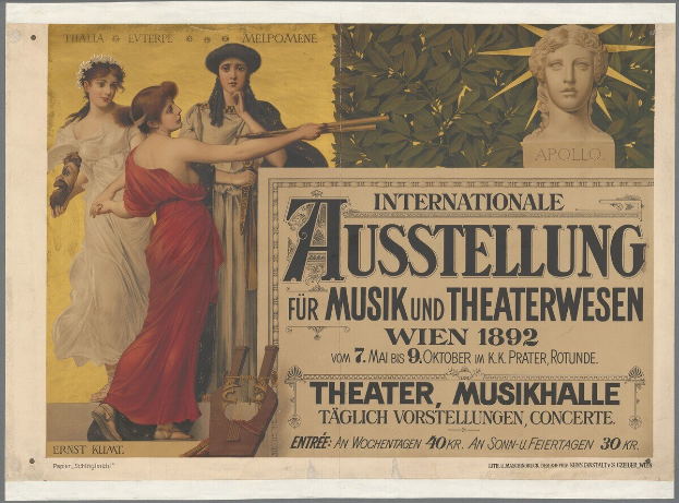 Plakat für die Internationale Ausstellung für Musik und Theaterwesen in Wien, das eine Gruppe von Menschen in einem Kreis mit einer Frau, die ein Musikinstrument hält, in der Mitte zeigt und Text mit Veranstaltungseinzelheiten enthält.