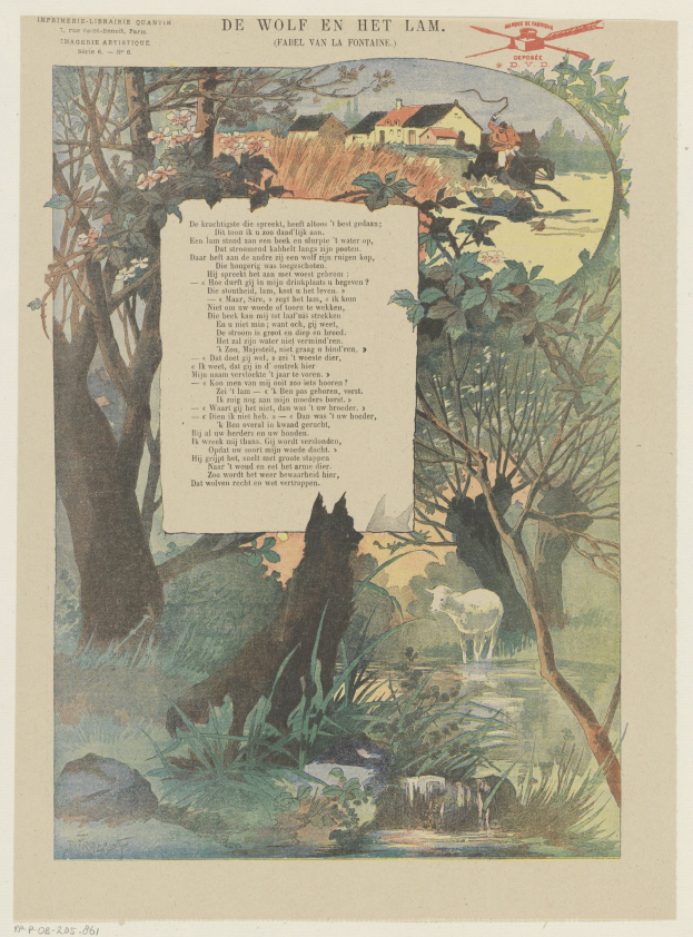 Ein illustriertes Kinderbuch mit einem Wolf in einer bewaldeten Landschaft mit Bäumen, Pflanzen, Gras, Wasser, Tieren, Häusern und Himmel, begleitet von Text auf der Seite.