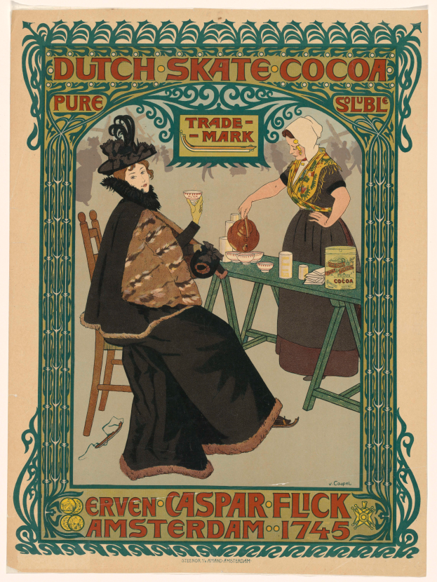 Ein Plakat, das niederländisches Skate-Cocoa bewirbt, zeigt zwei Frauen an einem Tisch mit verschiedenen Gegenständen und Text, der das Produkt beschreibt.