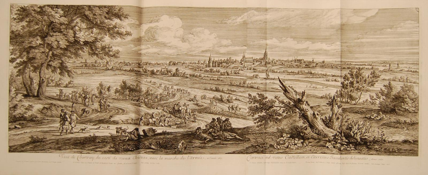 Ein aufgeschlagenes Buch mit dem Titel 'Ansicht der Schlacht von Castellum und Castellium aus der Illustrated London News' mit einer Landschaftsillustration, die Menschen in der Vordergrund, Bäume, Pflanzen, Gebäude im Hintergrund und Wolken am Himmel zeigt.