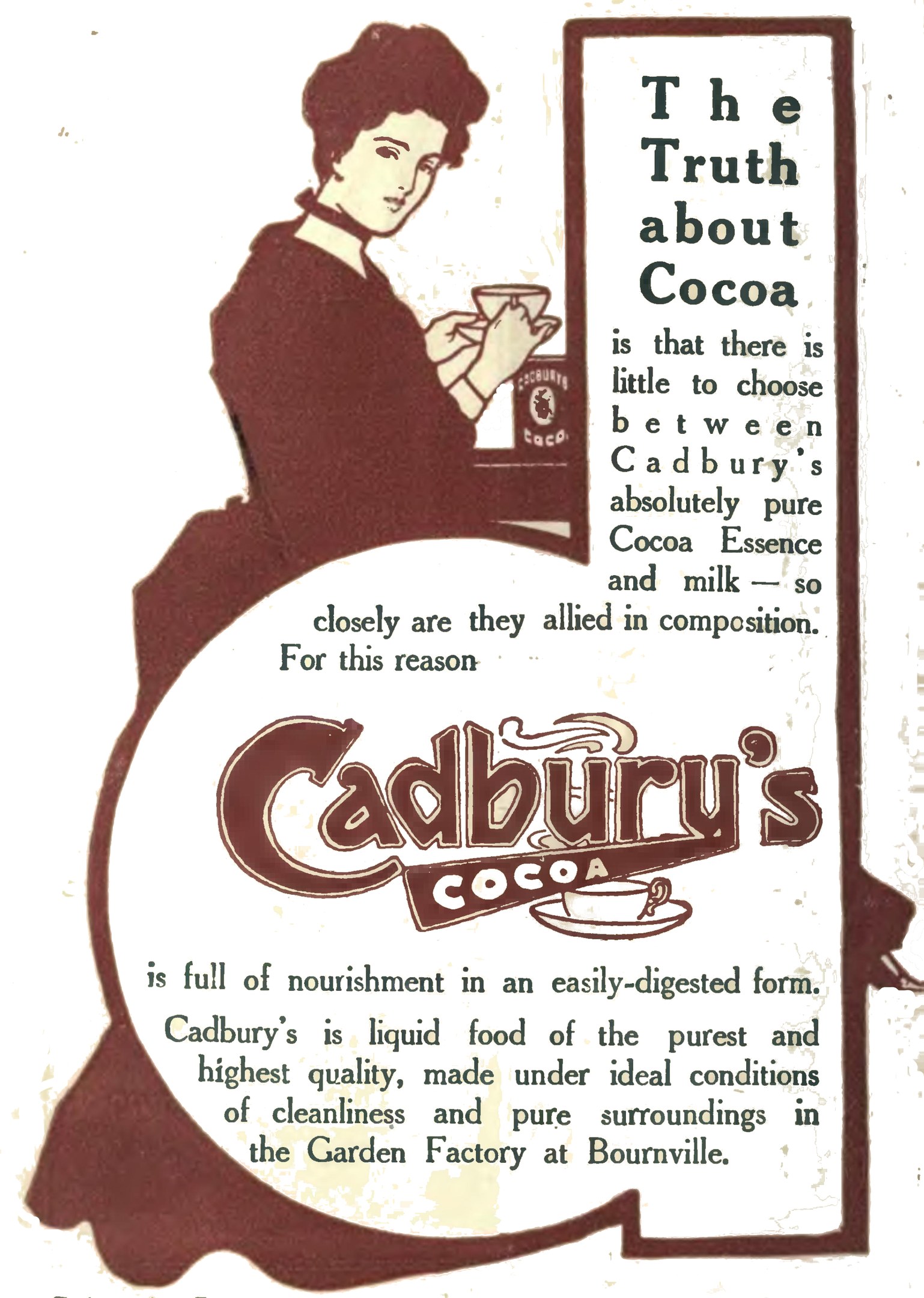 Werbung für Cadbury's Cocoa mit einer Frau, die eine Tasse Cocoa hält, mit Text, der das Produkt und seine Vorteile beschreibt.