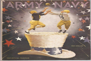 Plakat von zwei Footballspielern in gelben Uniformen und Helmen, die einen Ball fangen, mit dem Text "1954 Army Navy Football Program" oben auf einem sternenklaren Hintergrund.