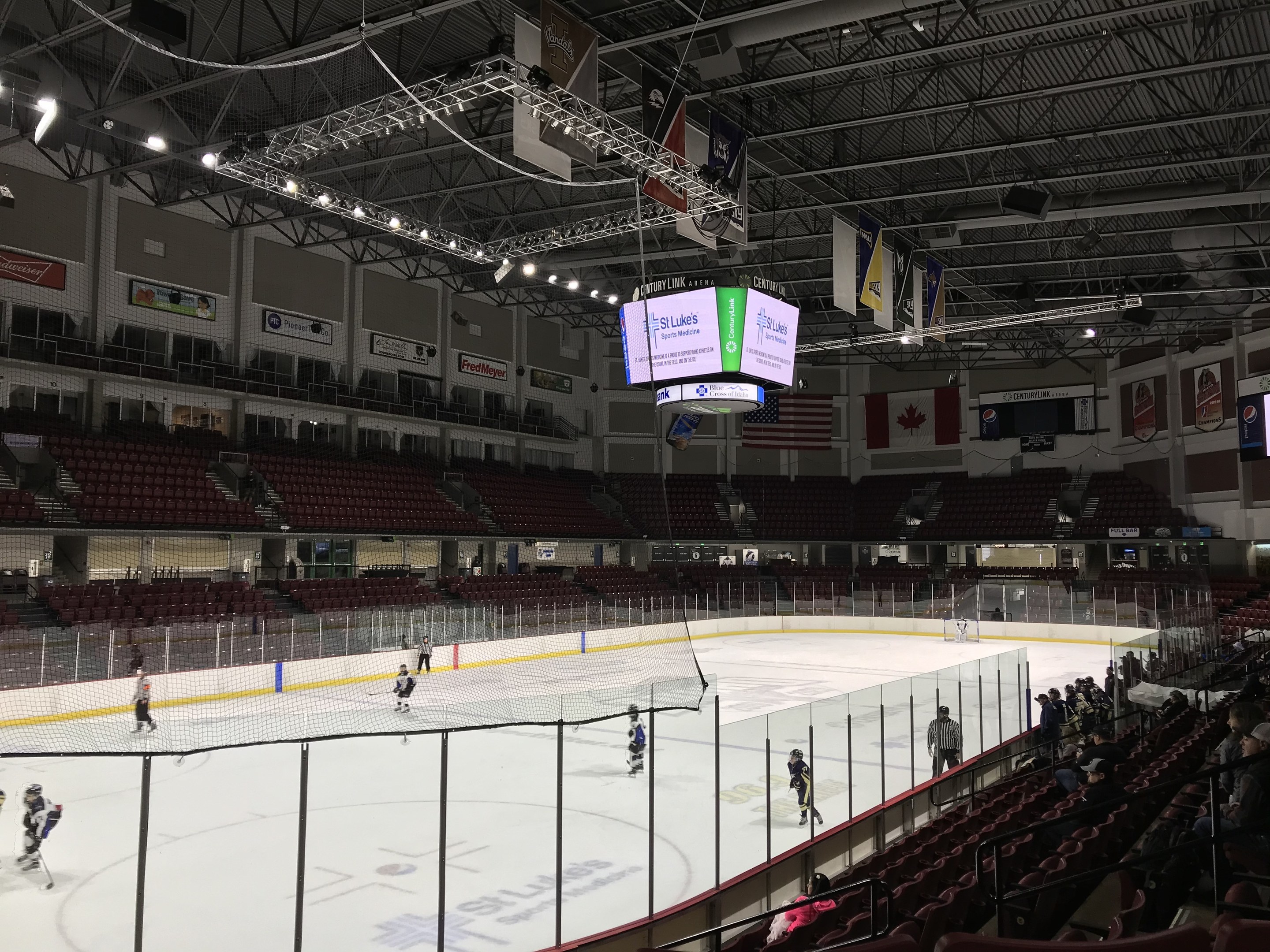 Eishockeyspiel in einer großen Arena mit einem zentralen Netz, Zuschauern auf beiden Seiten, Deckenbeleuchtung und Bannern, identifiziert als die St. Louis Blues Arena.