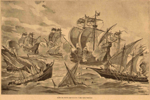 Eine Gruppe von Schiffen, die auf dem Ozean segeln, mit Rauch, der aus ihren Schornsteinen aufsteigt, und Text am unteren Bildrand.