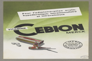 Plakat mit einer Flasche Cebion Merck Vitamin C und einer Packung Tabletten.