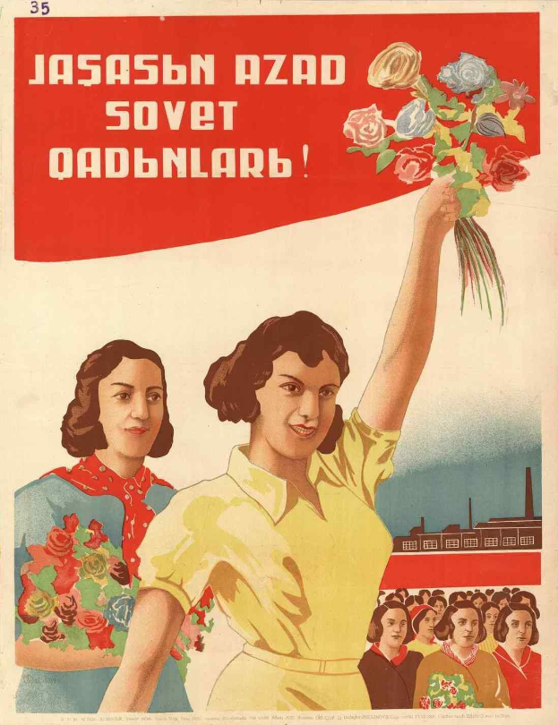 Sowjetisches Propagandaplakat zum Internationalen Frauentag, das eine Frau mit Blumen in der Hand zeigt, umgeben von einer Menge und einem Gebäude, mit der Aufschrift "Frauentag."