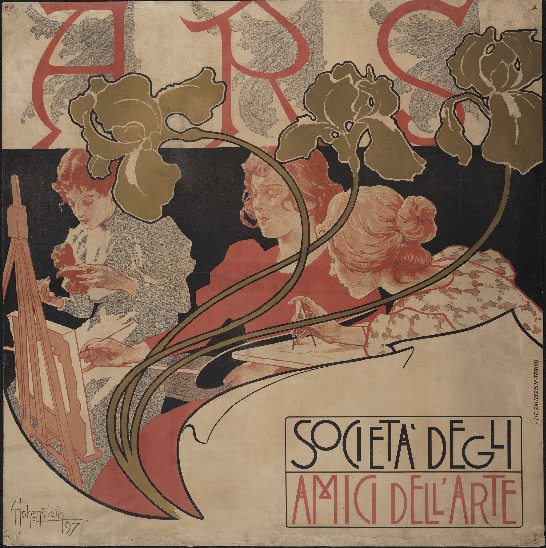 Plakat für die Kunstgesellschaft von Alphonse Mucha, das drei stilisierte Figuren in verschiedenen Farben vor einem hellgelben Hintergrund mit schwarzer, fetter Schrift zeigt, die "Kunstgesellschaft" lautet.