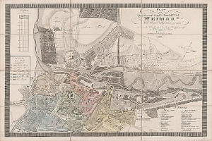Ein detaillierter alter Stadtplan von Weimar, Deutschland, der Straßen, Gebäude und Sehenswürdigkeiten zeigt, mit begleitendem Text über die Stadt.