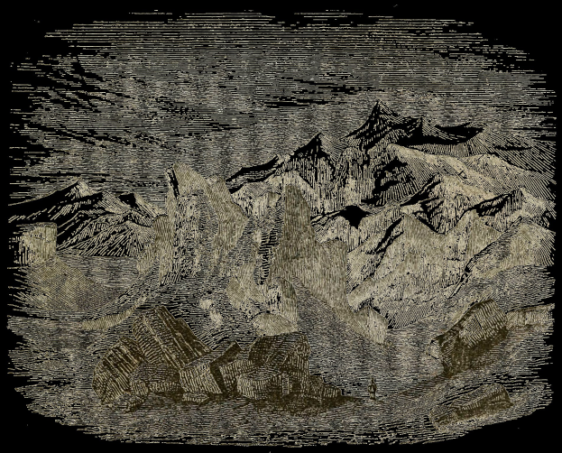 Schwarze und weiße Gravur eines Gebirgszugs mit Felsen im Vordergrund, einem Himmel im Hintergrund und dem Text "Mount Everest" unten.