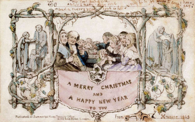 Eine Gruppe von Menschen in festlicher Kleidung versammelt sich um einen Tisch unter einem Banner mit der Aufschrift "Frohe Weihnachten und ein gutes neues Jahr", lächelt und feiert die Festtage.