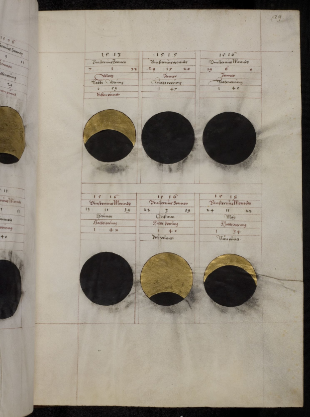 Ein aufgeschlagenes Buch mit einer Zeichnung der Mondphasen und Text auf einem dunklen Hintergrund, das wie ein Mondkalender aussieht.