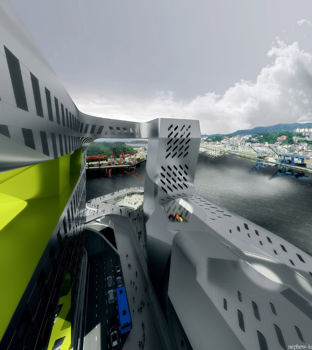 Ein Architekturgebäude mit einer Straße, die Fahrzeuge, Gruppen von Menschen, einen fließenden Fluss und eine Brücke im Vordergrund enthält, mit Gebäuden, Bäumen und Wolken im Hintergrund und einem Wasserzeichen in der unteren rechten Ecke.