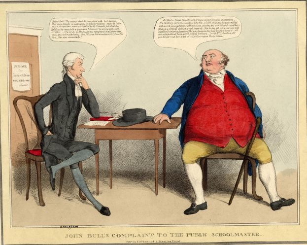 John Bull steht einem sitzenden Schuldirektor gegenüber an einem Tisch mit Hut und Papieren, während eine weitere Person in der Nähe sitzt; eine Tür und ein wandmontiertes Papier sind im Hintergrund sichtbar.