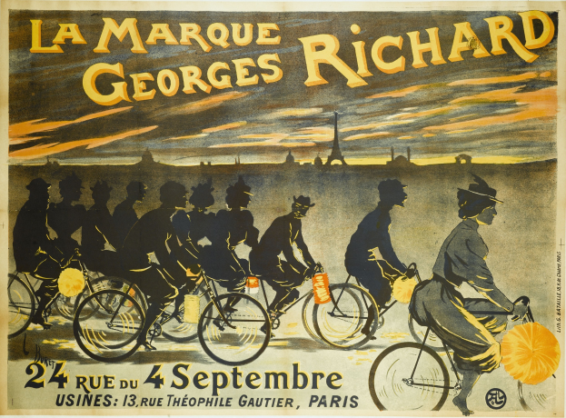 Ein Plakat, das ein Fahrradrennen in Paris, Frankreich, ankündigt und eine Gruppe von Radfahrern mit dem Eiffel-Turm im Hintergrund zeigt.