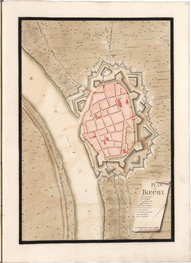 Altes Buch mit einem detaillierten Stadtplan von Bonn, Frankreich, der Straßen, Gebäude und Sehenswürdigkeiten zeigt, begleitet von Texten über die Bevölkerung, Geschichte und Kultur der Stadt.