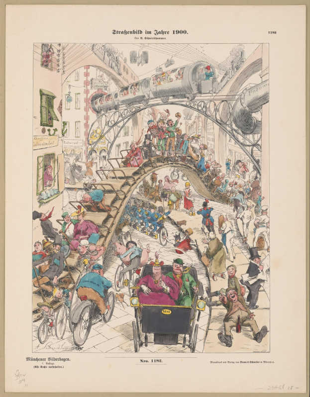 Ein sepiafarbenes Bild einer belebten Bahnstation im Jahr 1900, eingerahmt von einem Foto, mit Menschen in dramatischen Posen.