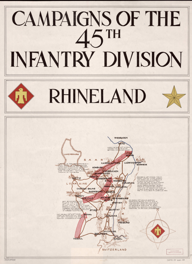Ein Plakat mit einer detaillierten Karte der Kampagnen der 45. Infanterie-Division im Rheinland, mit farbcodierten Divisionen und begleitendem Text, der die Kampagnen, Divisionennamen und Schlachttermine beschreibt.