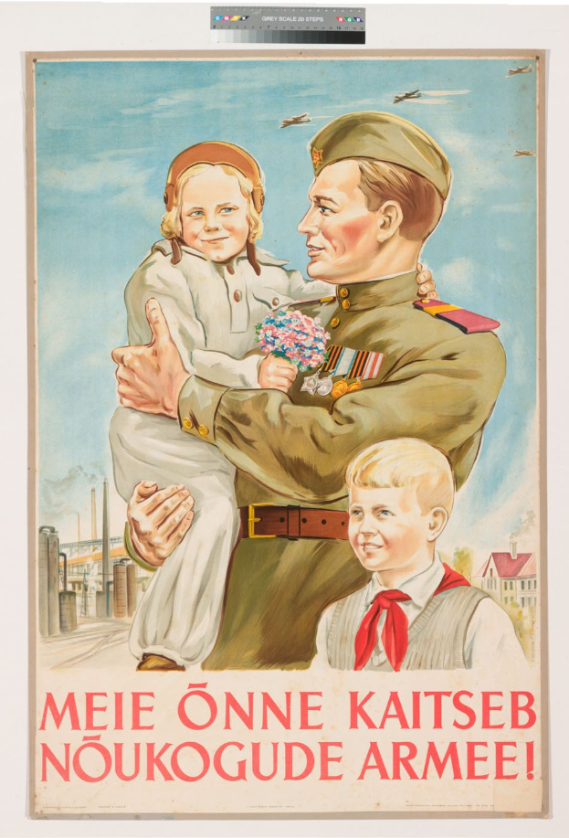 Polnischer Weltkriegs-Propagandaplakat, das einen Mann zeigt, der ein Kind hält, während zwei weitere Kinder vor ihm stehen, begleitet von Text.